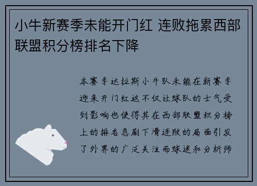 小牛新赛季未能开门红 连败拖累西部联盟积分榜排名下降