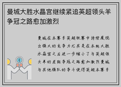 曼城大胜水晶宫继续紧追英超领头羊争冠之路愈加激烈