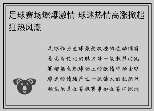 足球赛场燃爆激情 球迷热情高涨掀起狂热风潮