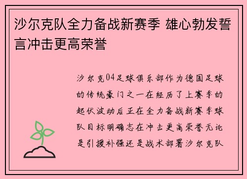 沙尔克队全力备战新赛季 雄心勃发誓言冲击更高荣誉
